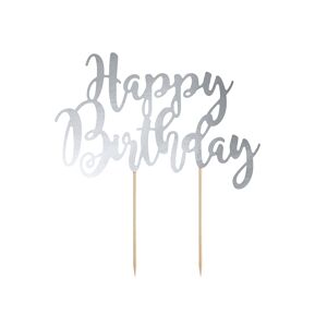PartyDeco Ozdoba na tortu  "Happy Birthday" - strieborná