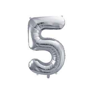 PartyDeco Fóliový balón narodeninové číslo 5 strieborný 86cm