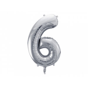 PartyDeco Fóliový balón narodeninové číslo 6 strieborný 86cm