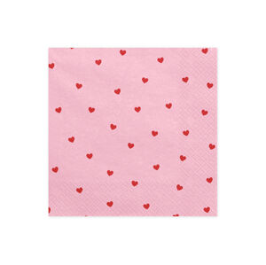 PartyDeco Ružové servítky - červené srdiečka 33 x 33 cm