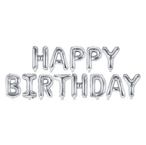 PartyDeco Fóliový balón - Happy Birthday nápis strieborný 340x35cm