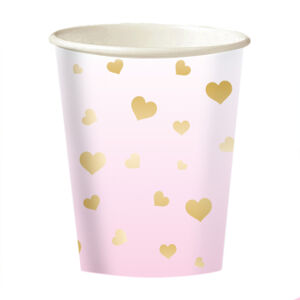 Amscan Papierové poháre - Ružové so zlatými srdiečkami 250 ml 8 ks