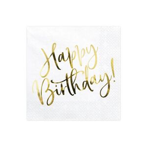 PartyDeco Servítky - Happy birthday, zlaté 33 x 33 cm